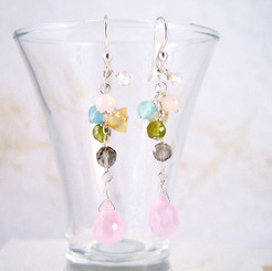 Sterling Silver "Prism" Gemstone Cluster and Faceted Pink Drop Earrings