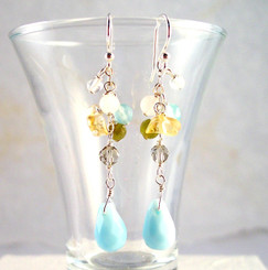 Sterling Silver "Prism" Gemstone Cluster and Faceted Sky Blue Drop Earrings