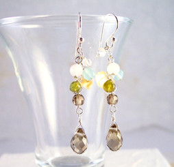 Sterling Silver "Prism" Gemstone Cluster and Faceted Smoky Drop Earrings