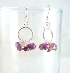 Genuine Stone Cluster Circle Sterling Silver Earrings, Amethyst