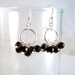 Genuine Stone Cluster Circle Sterling Silver Earrings, Onyx