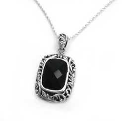 Sterling Silver "Kathleen" Ornate Leaves Frame Black Crystal Necklace, 18"