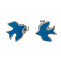 Sterling Silver Enameled Swallow Bird Stud Post Earrings, Azure Blue