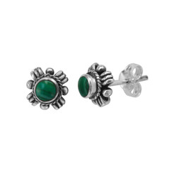 Sterling Silver Round Simulated Stone "Samara" Stud Post Earrings, Malachite