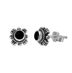 Sterling Silver Round Simulated Stone "Samara" Stud Post Earrings, Onyx