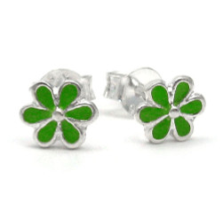 Sterling Silver Enamel Daisy Flowers Stud Post Earrings, Green