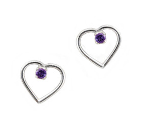 Sterling Silver Open Heart and Gemstone Stud Post Earrings, Amethyst