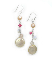Sterling Silver Cultured Coin Pearl Beaded Chain Drop Earrings, Pink