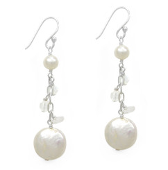 Sterling Silver Cultured Coin Pearl Beaded Chain Drop Earrings, White