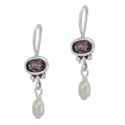 Sterling Silver Oval Crystal Cultured Pearl Drop French Hook Earring, Purple