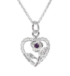 Sterling Silver Heart & Rose Necklace, February Purple