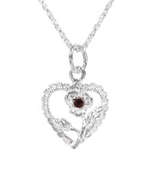Sterling Silver Heart & Rose Necklace, January Dark Red
