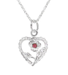 Sterling Silver Heart & Rose Necklace, October Pink