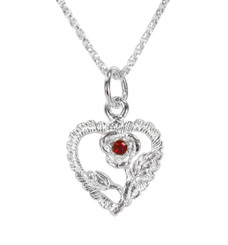 Sterling Silver Heart & Rose Necklace, July Red