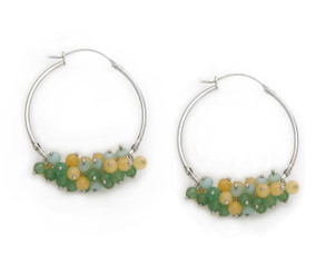Sterling Silver and Cultured Pearls Cluster Hoop Earrings, Green Combo