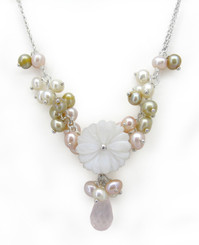 Carved Mother of Pearl Flower Crystal Drop Cultured Pearl Cluster Necklace