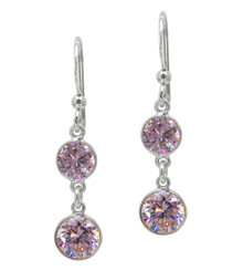 Sterling Silver Two Round Framed Crystals Drop Earrings, Pink