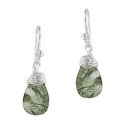Briolette Stone Drop Coil and Spiral Wrapped Sterling Silver Earrings, Prehnite