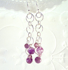 Sterling Silver Circle Links Stone Beads Drop Earrings, Amethyst