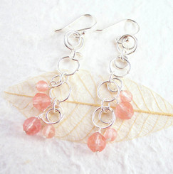 Sterling Silver Circle Links Stone Beads Drop Earrings, Cherry Quartz