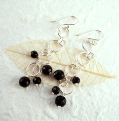 Sterling Silver Circle Links Stone Beads Drop Earrings, Onyx
