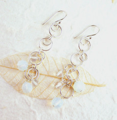 Sterling Silver Circle Links Stone Beads Drop Earrings, Iridescent White