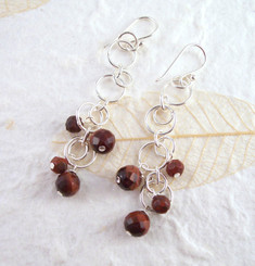 Sterling Silver Circle Links Stone Beads Drop Earrings, Red Tiger's Eye