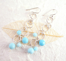Sterling Silver Circle Links Stone Beads Drop Earrings, Sky Blue