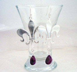 Sterling Silver Fleur de Lis Stone Drop Earrings, Purple