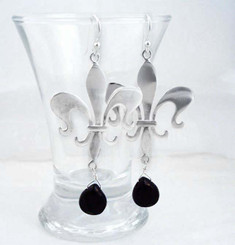 Sterling Silver Fleur de Lis Stone Drop Earrings, Black