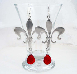 Sterling Silver Fleur de Lis Stone Drop Earrings, Red