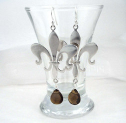 Sterling Silver Fleur de Lis Stone Drop Earrings, Smoke