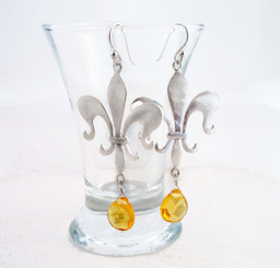 Sterling Silver Fleur de Lis Stone Drop Earrings, Yellow