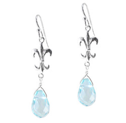 Sterling Silver Fleur-de-lis and Crystal Drop Earrings, Aqua