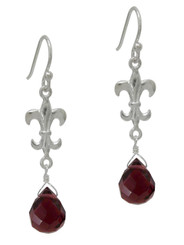 Sterling Silver Fleur-de-lis and Crystal Drop Earrings, Purple
