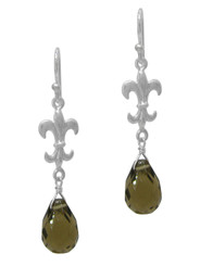 Sterling Silver Fleur-de-lis and Crystal Drop Earrings, Smoke