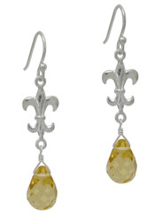 Sterling Silver Fleur-de-lis and Crystal Drop Earrings, Yellow