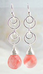 Sterling Silver Circle Charms Link Drop Earrings, Cherry Quartz