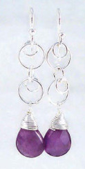 Sterling Silver Circle Charms Link Drop Earrings, Amethyst