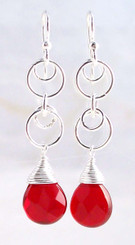 Sterling Silver Circle Charms Link Drop Earrings, Red