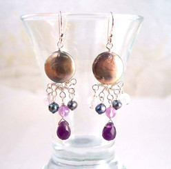 Sterling Silver Coin Pearl and Mix Stones Center Drop Earrings, Amethyst