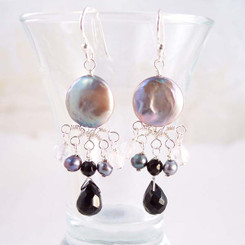 Sterling Silver Coin Pearl and Mix Stones Center Drop Earrings, Black
