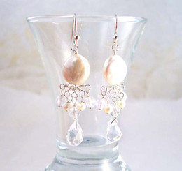 Sterling Silver Coin Pearl and Mix Stones Center Drop Earrings, Clear