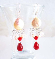 Sterling Silver Coin Pearl and Mix Stones Center Drop Earrings, Red