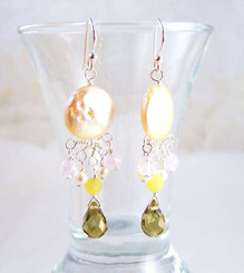 Sterling Silver Coin Pearl and Mix Stones Center Drop Earrings, Smoke