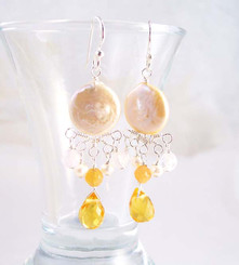 Sterling Silver Coin Pearl and Mix Stones Center Drop Earrings, Yellow