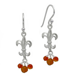 Sterling Silver Fleur-de-lis Stone Cluster Drop Earrings, Carnelian