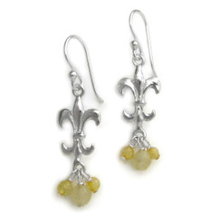 Sterling Silver Fleur-de-lis Stone Cluster Drop Earrings, Citrine