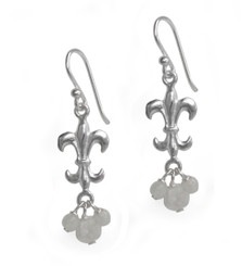 Sterling Silver Fleur-de-lis Stone Cluster Drop Earrings, Moonstone