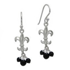 Sterling Silver Fleur-de-lis Stone Cluster Drop Earrings, Onyx